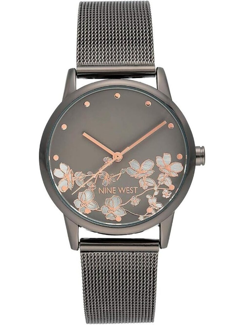Nine West Women's Silver And Grey Analog Quartz Floral Dial Mesh Bracelet Watch